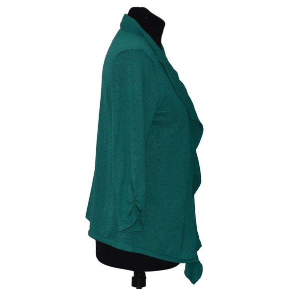 Chicos Fabulous Ruffle Cardigan Sweater Womens 12 Chicos 2 Green  3/4 Sleeve - Picture 2 of 8
